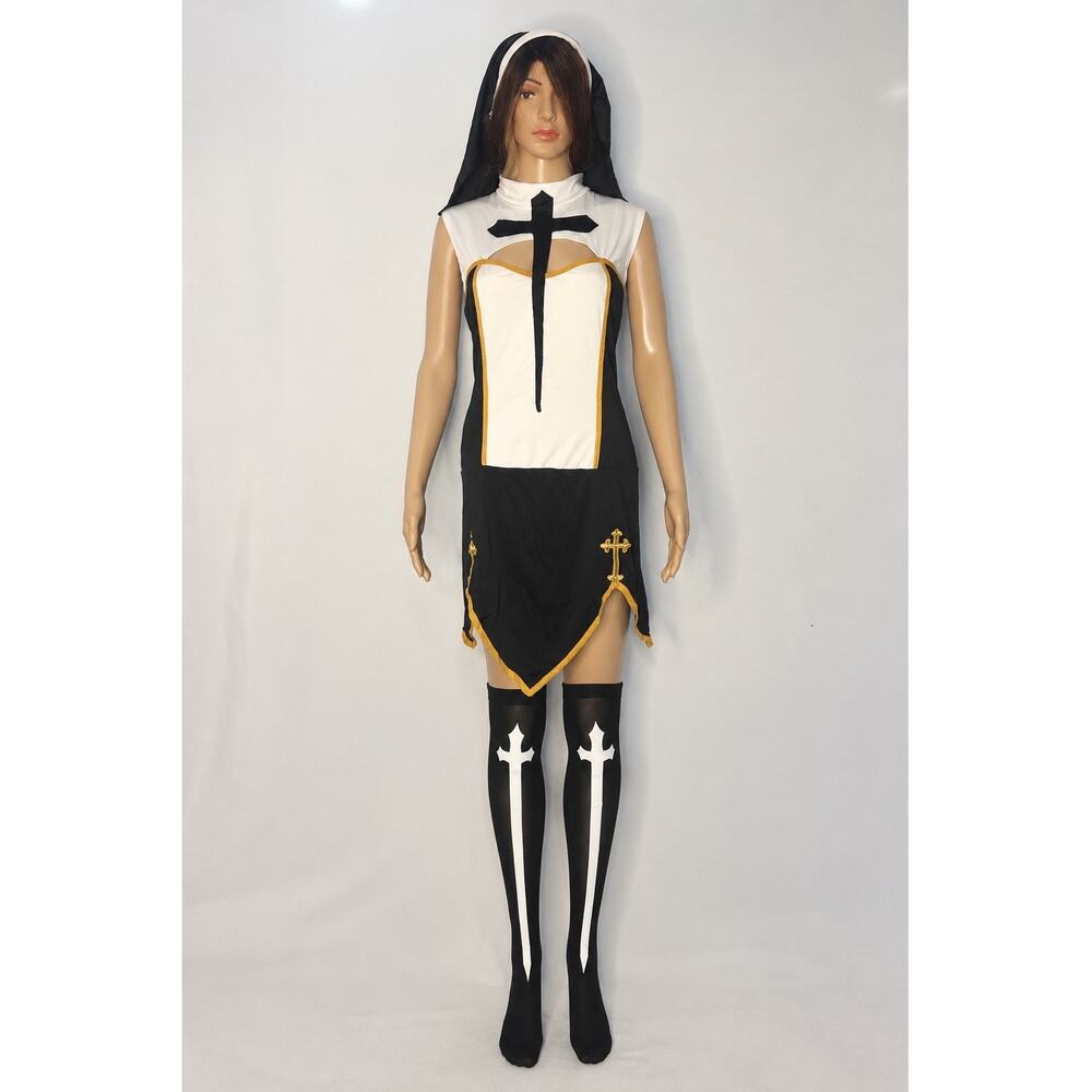 Spirit Halloween Nun Costume Dress stockings Veil Women’s 1X Black White Gold